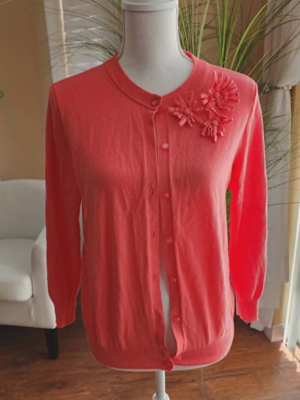 J.Crew Coral Cardigan Sweater 3D Floral Applique Button Front